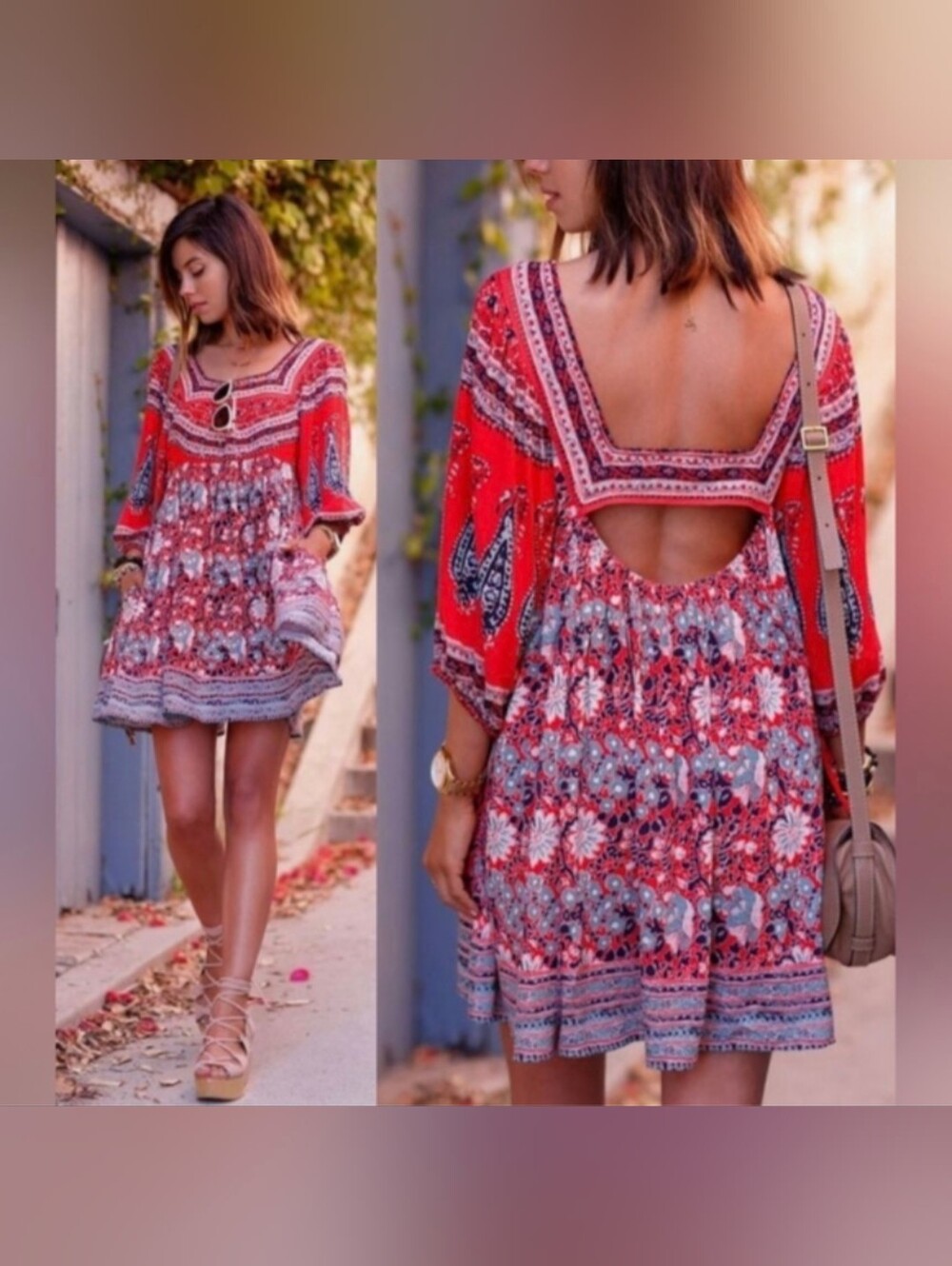 Free People Midsummers Dream Mini Tunic Dress Square Neck Poppy Combo Floral- S